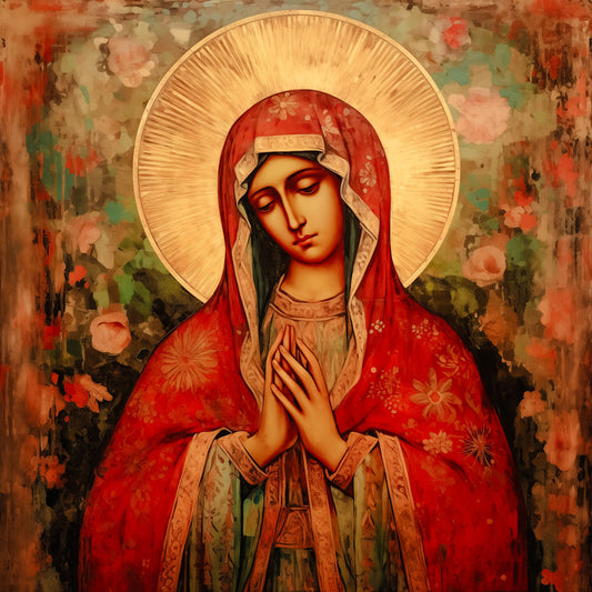 Mother of God of Tenderness with red mantle Icon Brushed Aluminum